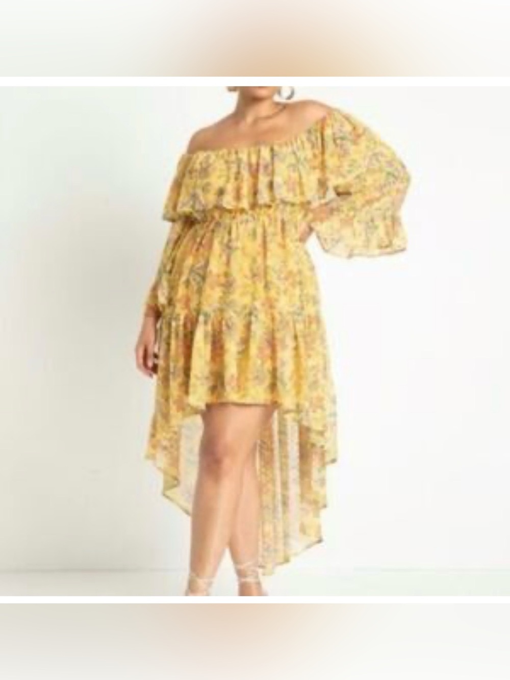 Eloquii Yellow Floral High-Low Off-Shoulder Dress